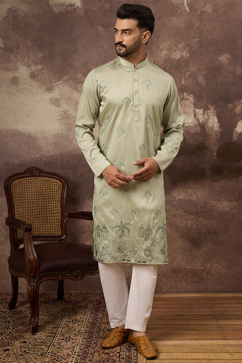 Green Silk Blend Solid Embroidered Straight Kurta MKU1330