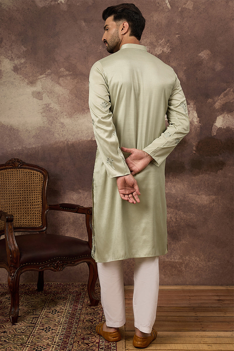 Green Silk Blend Solid Embroidered Straight Kurta MKU1330