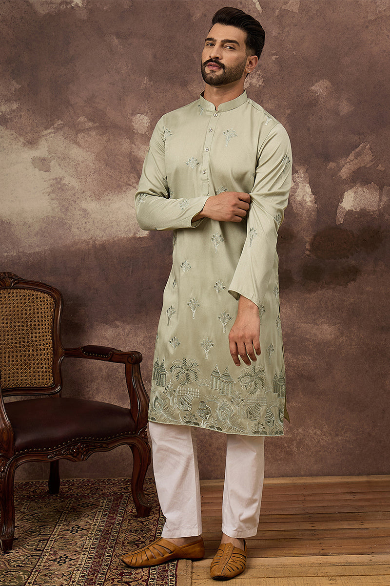 Green Silk Blend Solid Embroidered Straight Kurta MKU1330