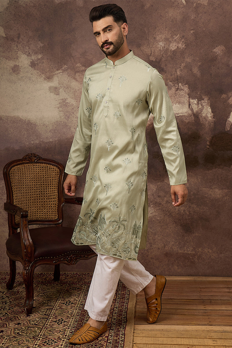 Green Silk Blend Solid Embroidered Straight Kurta MKU1330