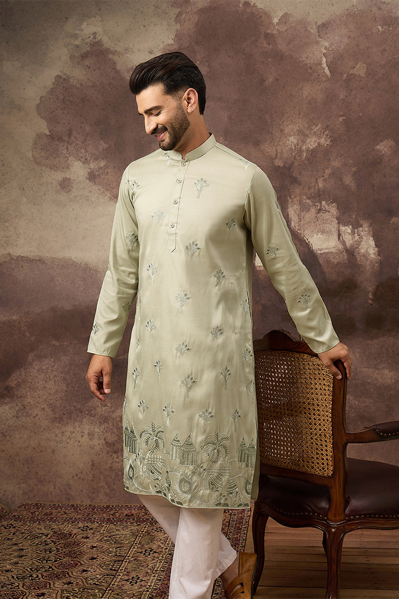 Green Silk Blend Solid Embroidered Straight Kurta MKU1330