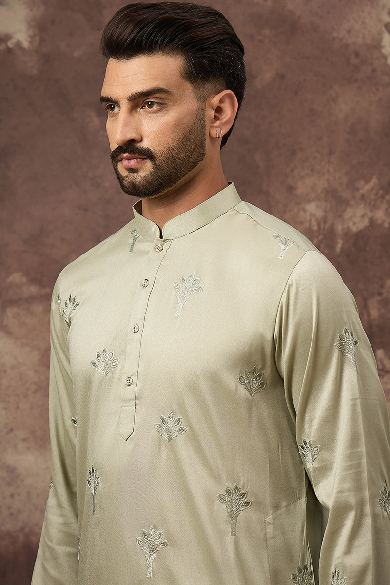 Green Silk Blend Solid Embroidered Straight Kurta MKU1330