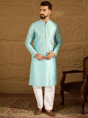 Ethnic Bay Men Blue Silk Blend Solid Woven Design Straight Kurta-MKU1350