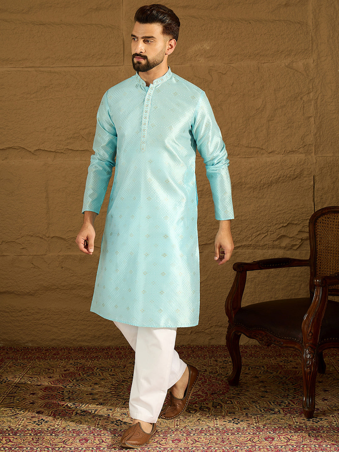 Ethnic Bay Men Blue Silk Blend Solid Woven Design Straight Kurta-MKU1350