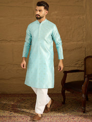 Ethnic Bay Men Blue Silk Blend Solid Woven Design Straight Kurta-MKU1350