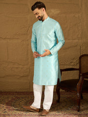 Ethnic Bay Men Blue Silk Blend Solid Woven Design Straight Kurta-MKU1350