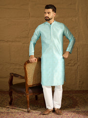 Ethnic Bay Men Blue Silk Blend Solid Woven Design Straight Kurta-MKU1350