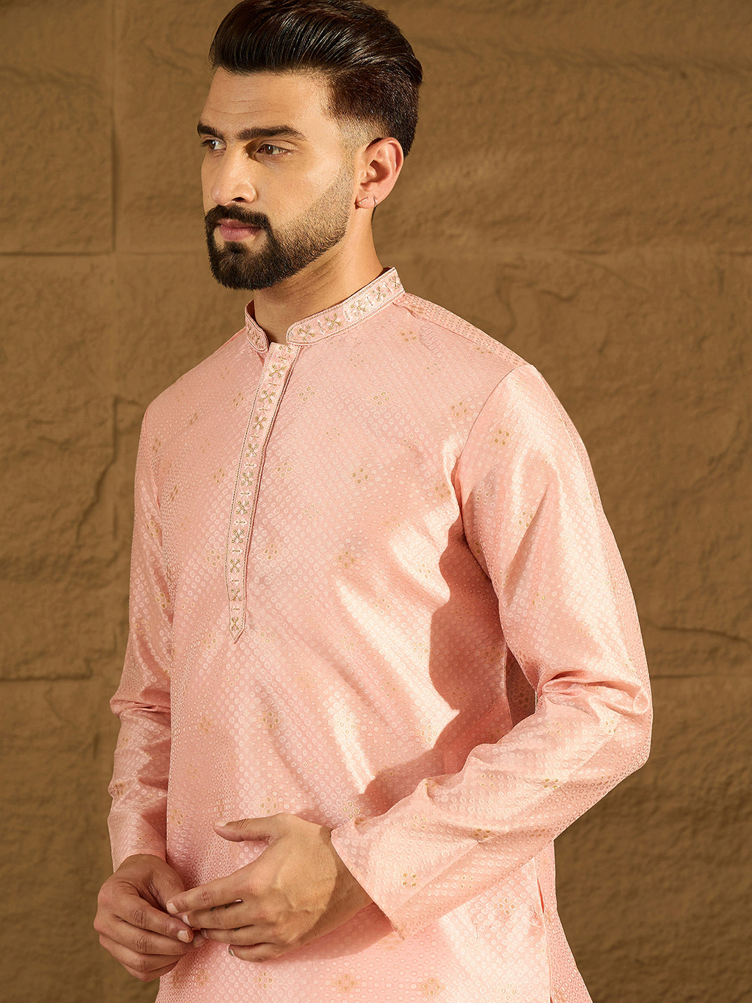 Ethnic Bay Men Peach Polyester Solid Embroidered Straight Kurta-MKU1351