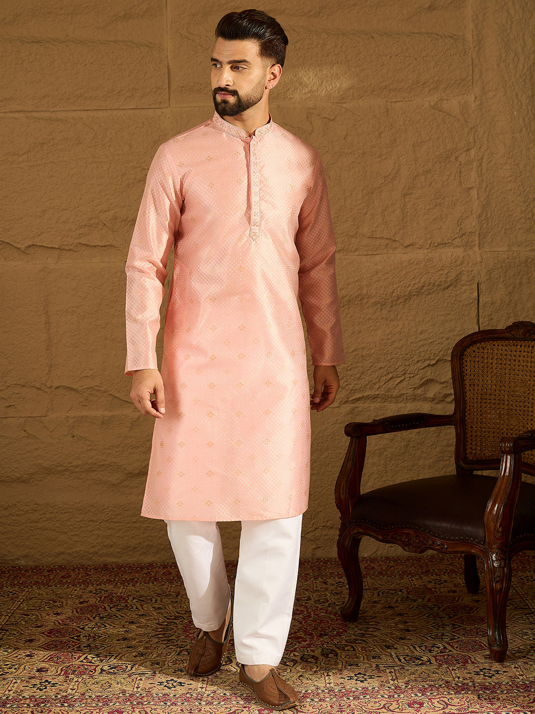 Ethnic Bay Men Peach Polyester Solid Embroidered Straight Kurta-MKU1351