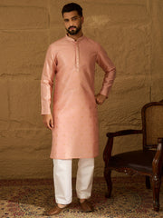 Ethnic Bay Men Peach Polyester Solid Embroidered Straight Kurta-MKU1351