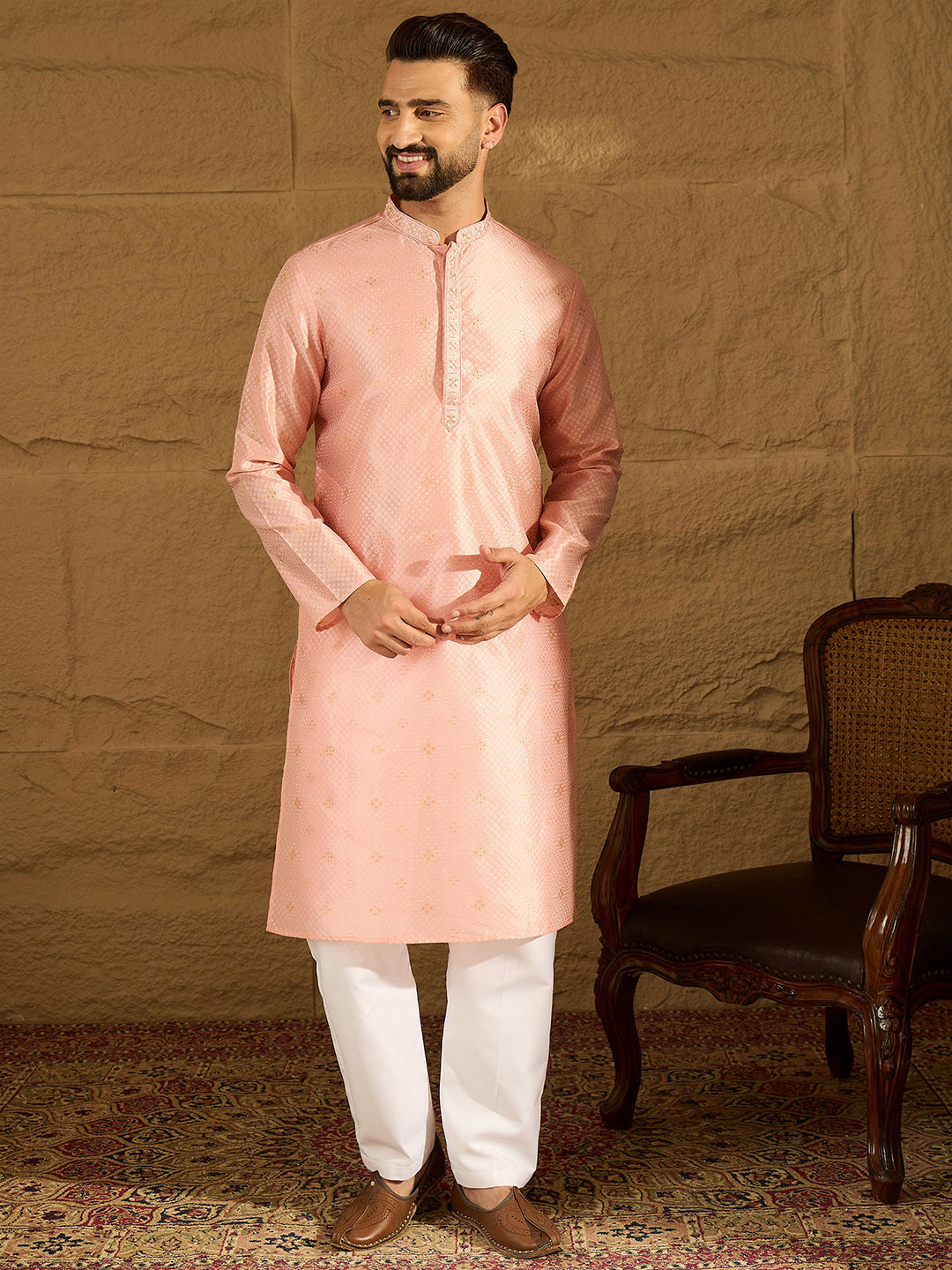Ethnic Bay Men Peach Polyester Solid Embroidered Straight Kurta-MKU1351