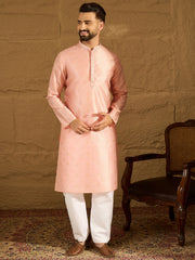 Ethnic Bay Men Peach Polyester Solid Embroidered Straight Kurta-MKU1351