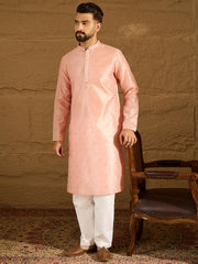 Ethnic Bay Men Peach Polyester Solid Embroidered Straight Kurta-MKU1351