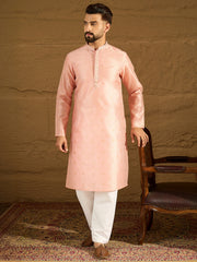 Ethnic Bay Men Peach Polyester Solid Embroidered Straight Kurta-MKU1351