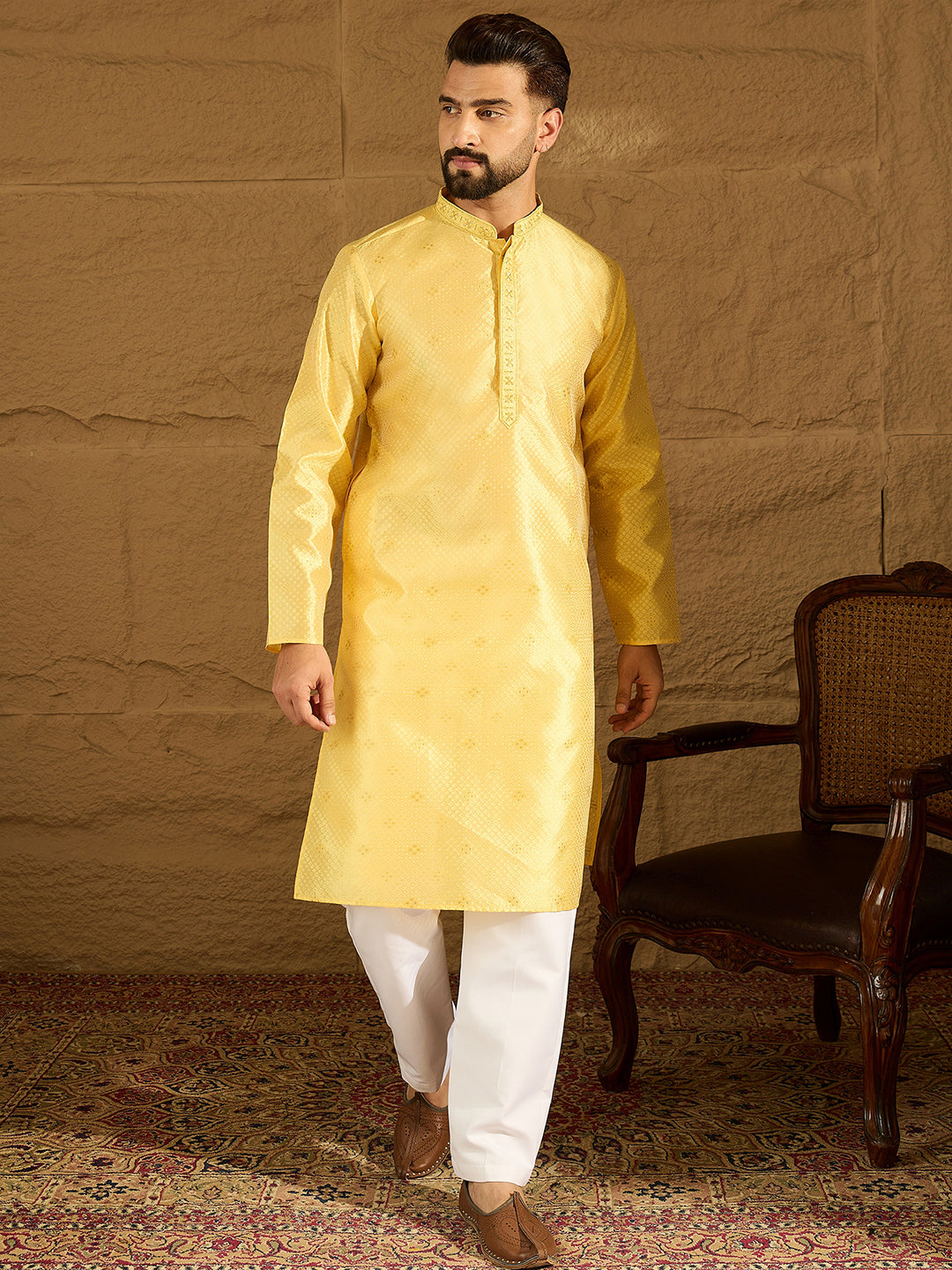 Ethnic Bay Men Green Polyester Solid Embroidered Straight Kurta-MKU1353