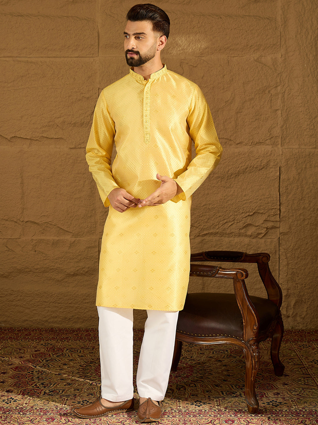 Ethnic Bay Men Green Polyester Solid Embroidered Straight Kurta-MKU1353