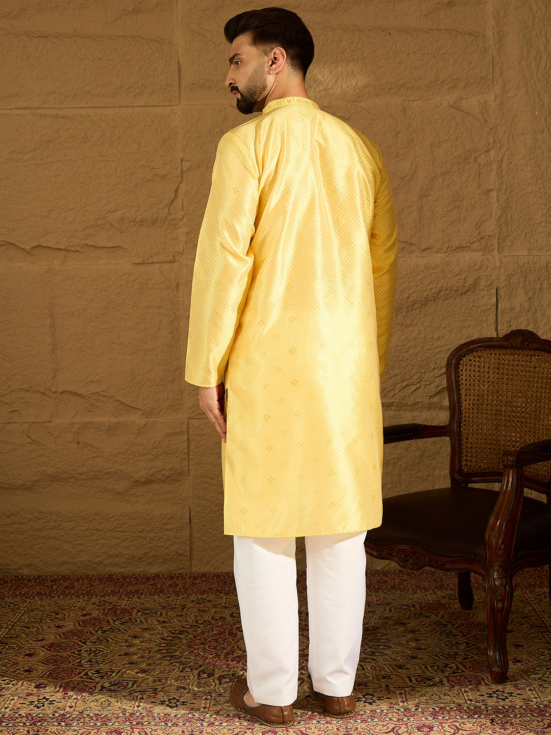 Ethnic Bay Men Green Polyester Solid Embroidered Straight Kurta-MKU1353