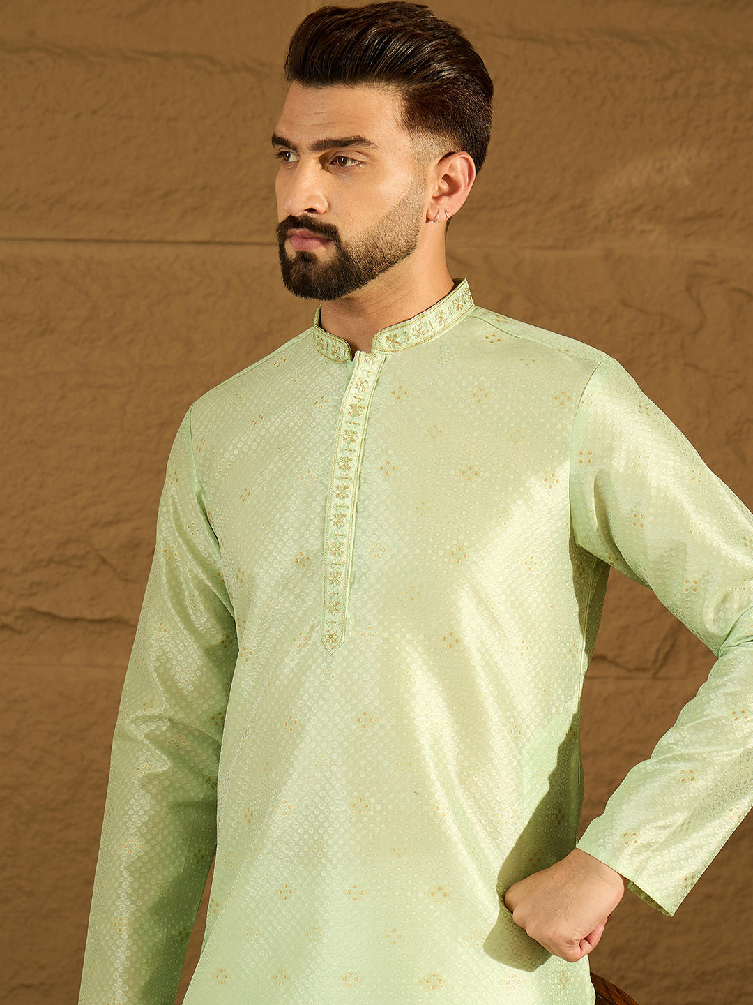 Ethnic Bay Men Yellow Silk Blend Solid Woven Design Straight Kurta-MKU1354
