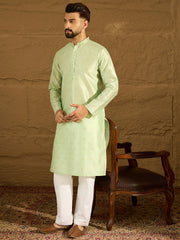 Ethnic Bay Men Yellow Silk Blend Solid Woven Design Straight Kurta-MKU1354