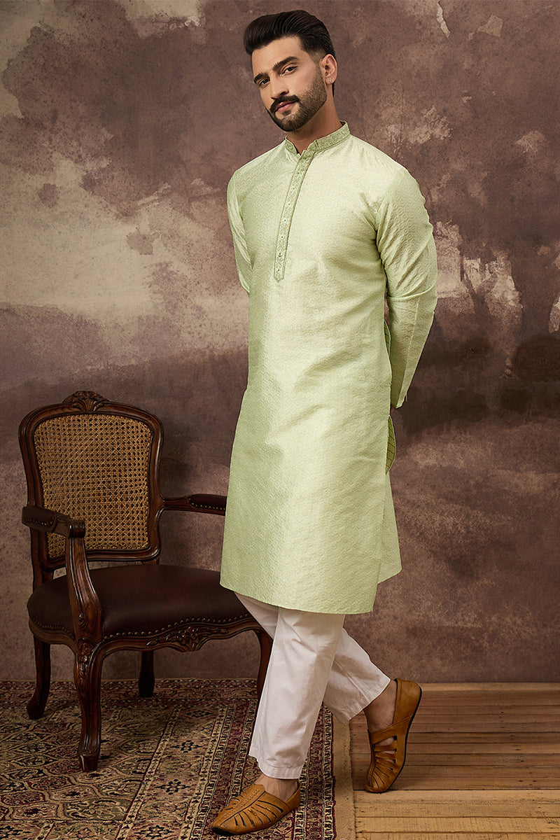 Green Silk Blend Solid Woven Design Straight Kurta MKU1355