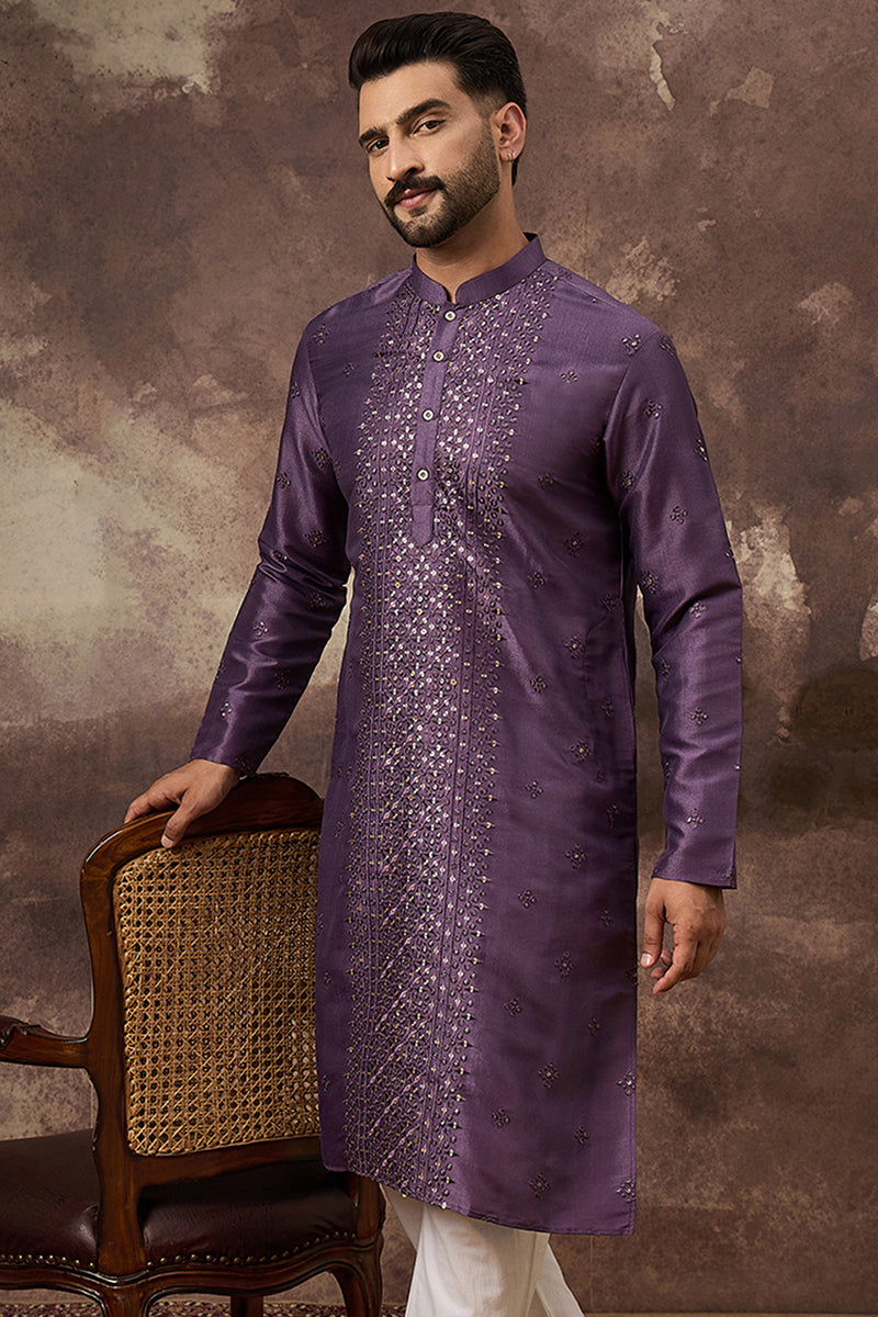 Purple Silk Blend Solid Embroidered Straight Kurta MKU1366