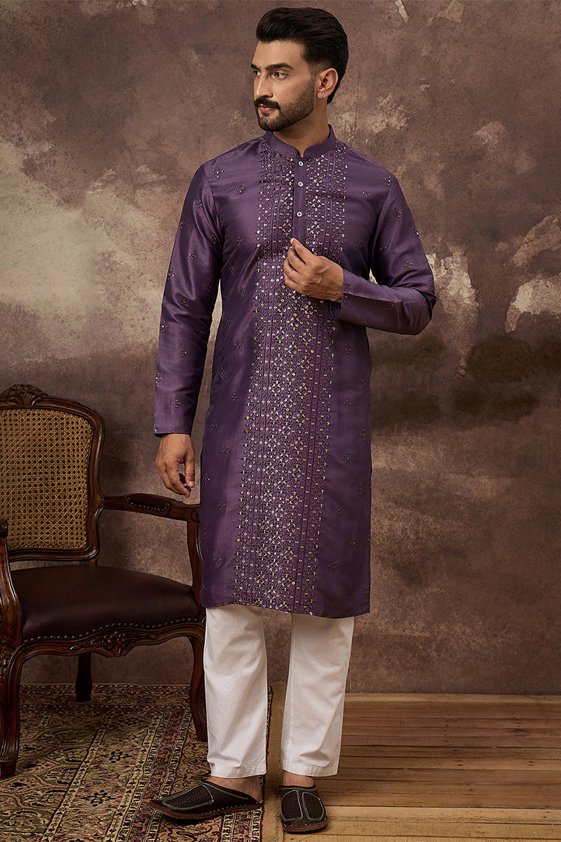 Purple Silk Blend Solid Embroidered Straight Kurta MKU1366