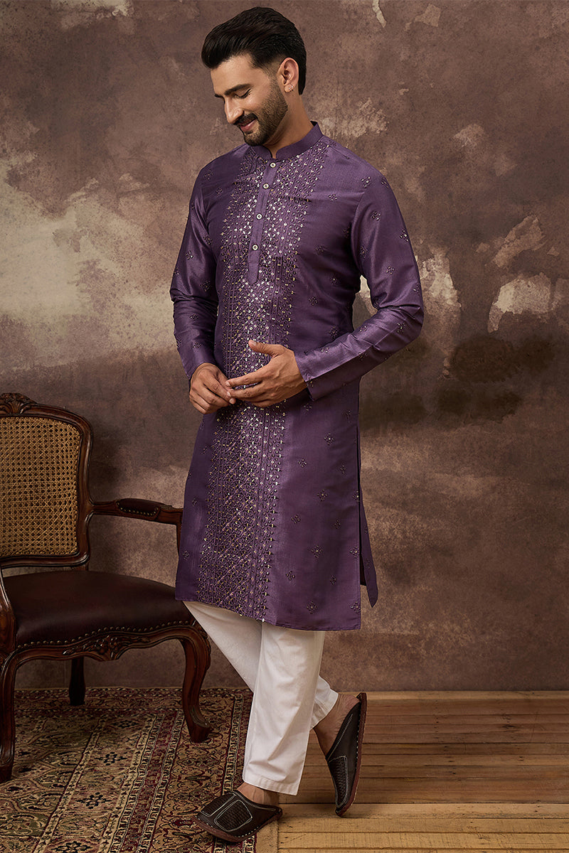 Purple Silk Blend Solid Embroidered Straight Kurta MKU1366