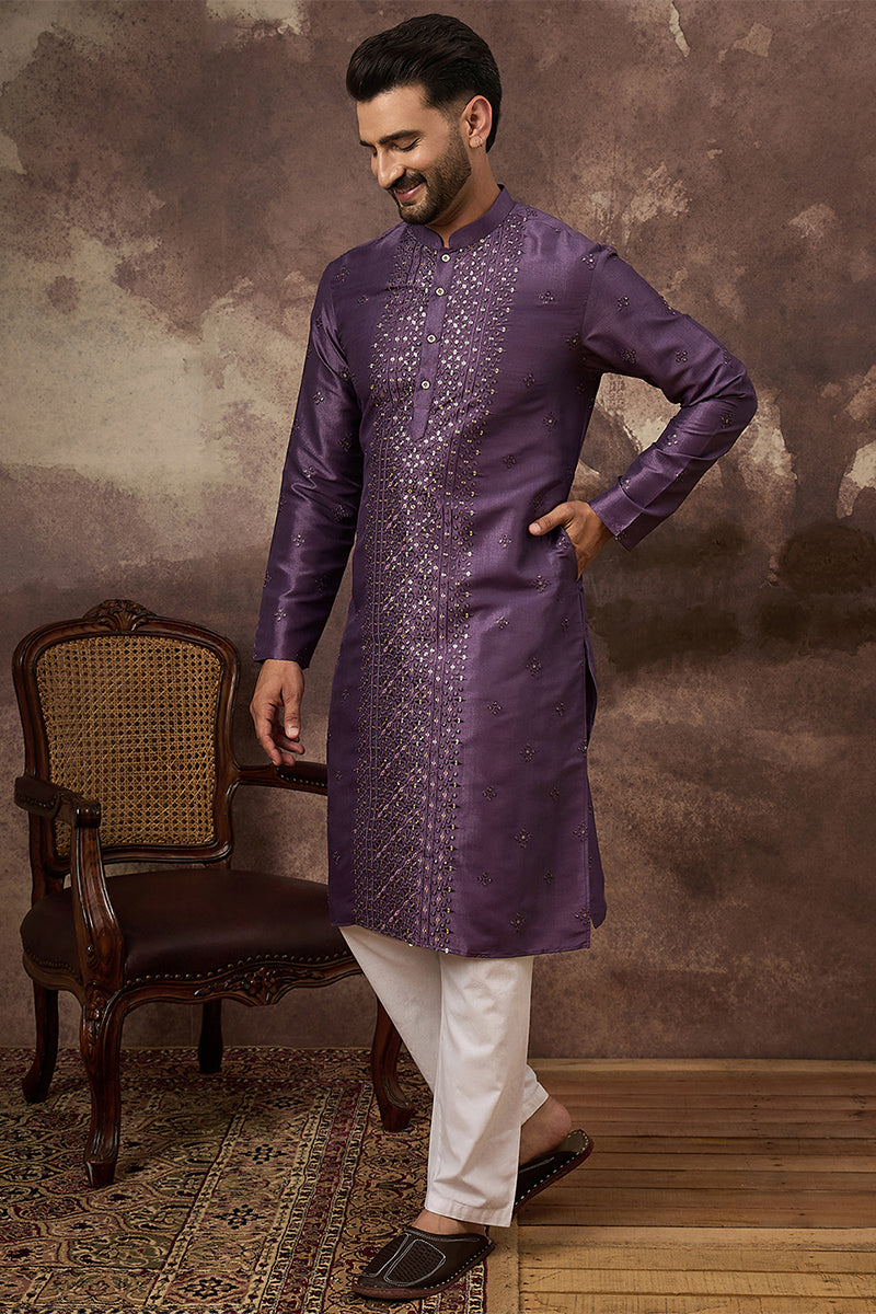 Purple Silk Blend Solid Embroidered Straight Kurta MKU1366