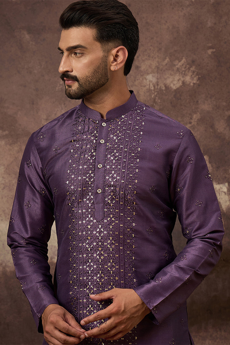 Purple Silk Blend Solid Embroidered Straight Kurta MKU1366
