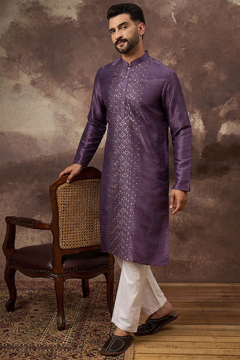 Purple Silk Blend Solid Embroidered Straight Kurta MKU1366