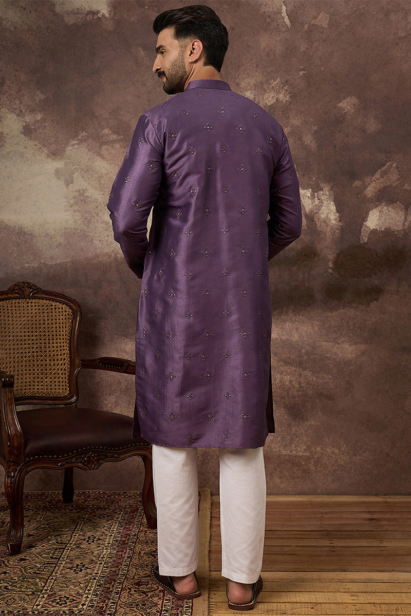 Purple Silk Blend Solid Embroidered Straight Kurta MKU1366