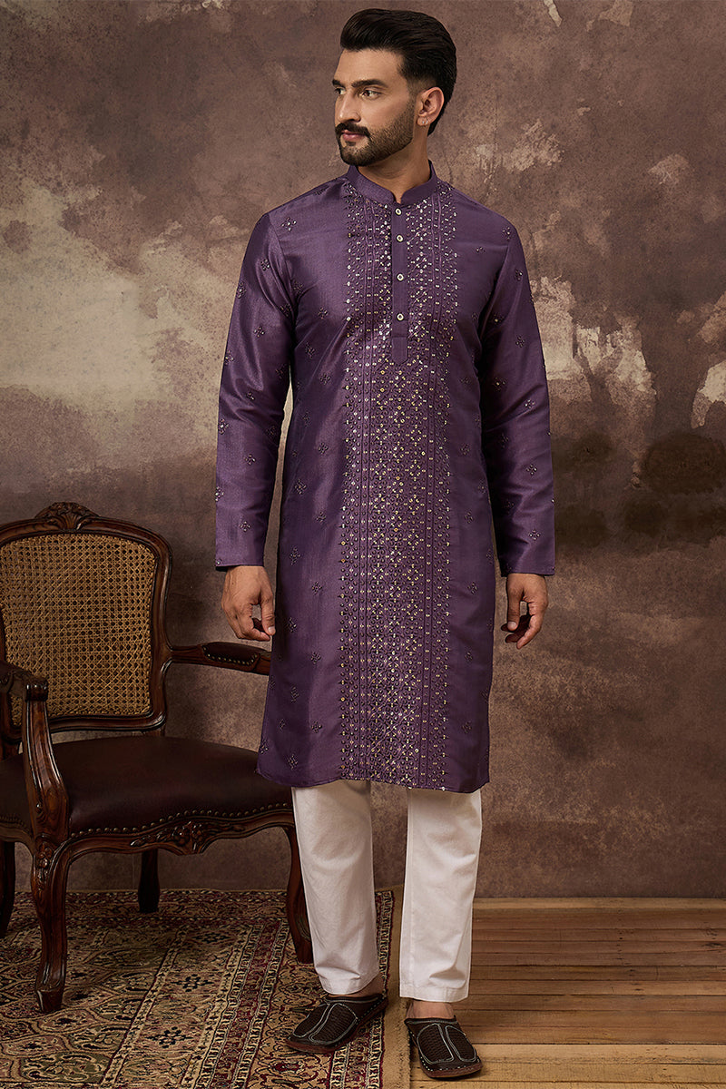 Purple Silk Blend Solid Embroidered Straight Kurta MKU1366
