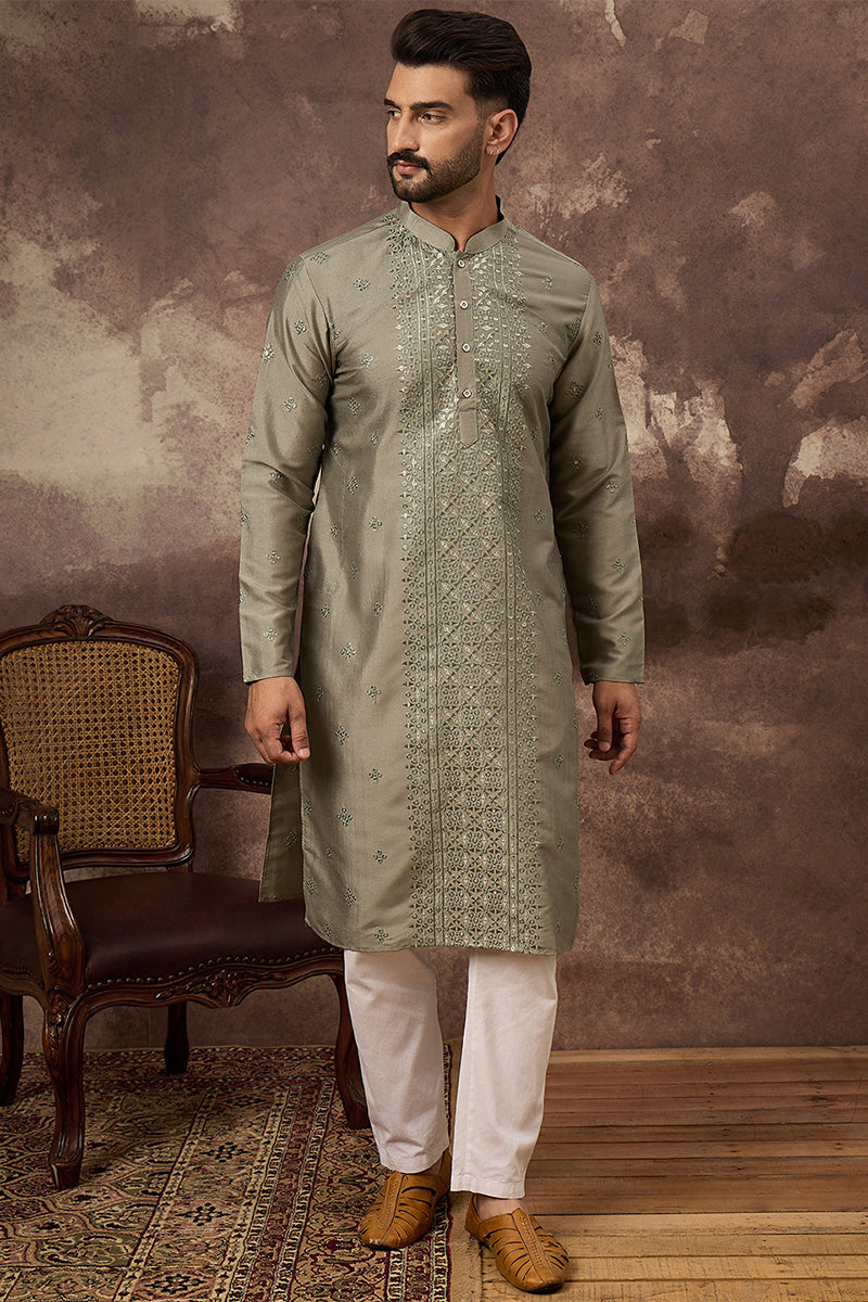 Green Silk Blend Solid Embroidered Straight Kurta MKU1367