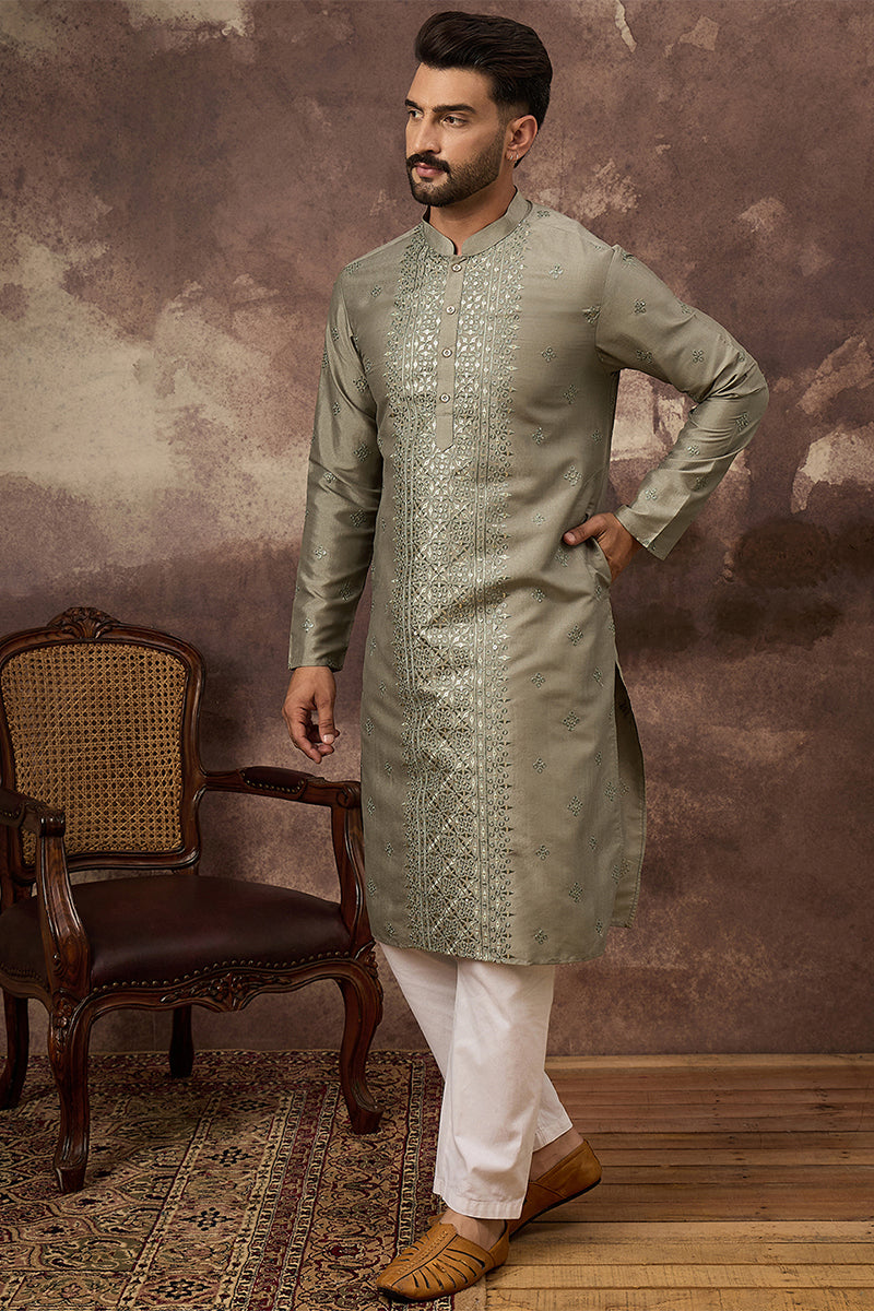 Green Silk Blend Solid Embroidered Straight Kurta MKU1367