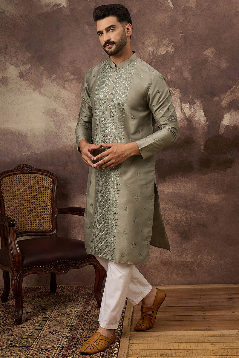 Green Silk Blend Solid Embroidered Straight Kurta MKU1367