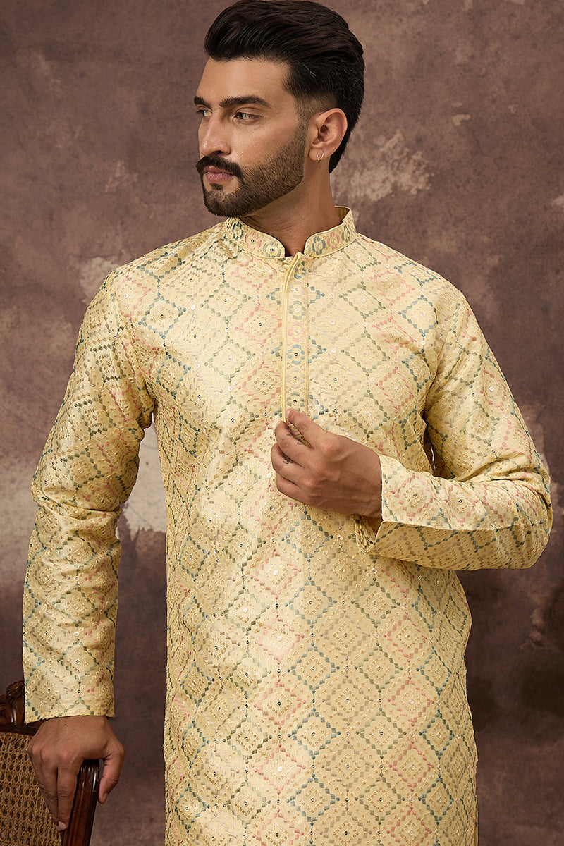 Yellow Silk Blend Solid Embroidered Straight Kurta MKU1383