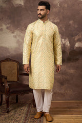 Yellow Silk Solid Embroidered Straight Kurta MKU1383
