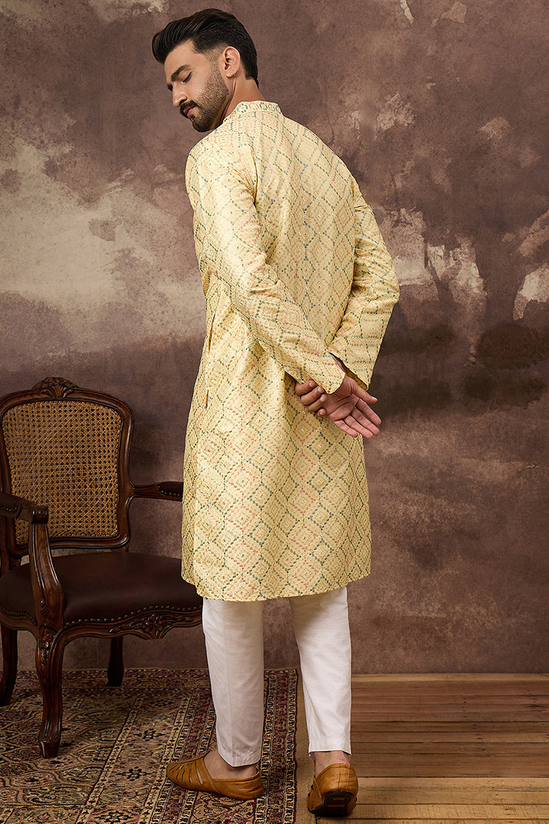 Yellow Silk Blend Solid Embroidered Straight Kurta MKU1383