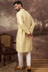 Yellow Silk Solid Embroidered Straight Kurta MKU1383