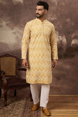 Yellow Viscose Rayon Solid Embroidered Straight Kurta MKU1385