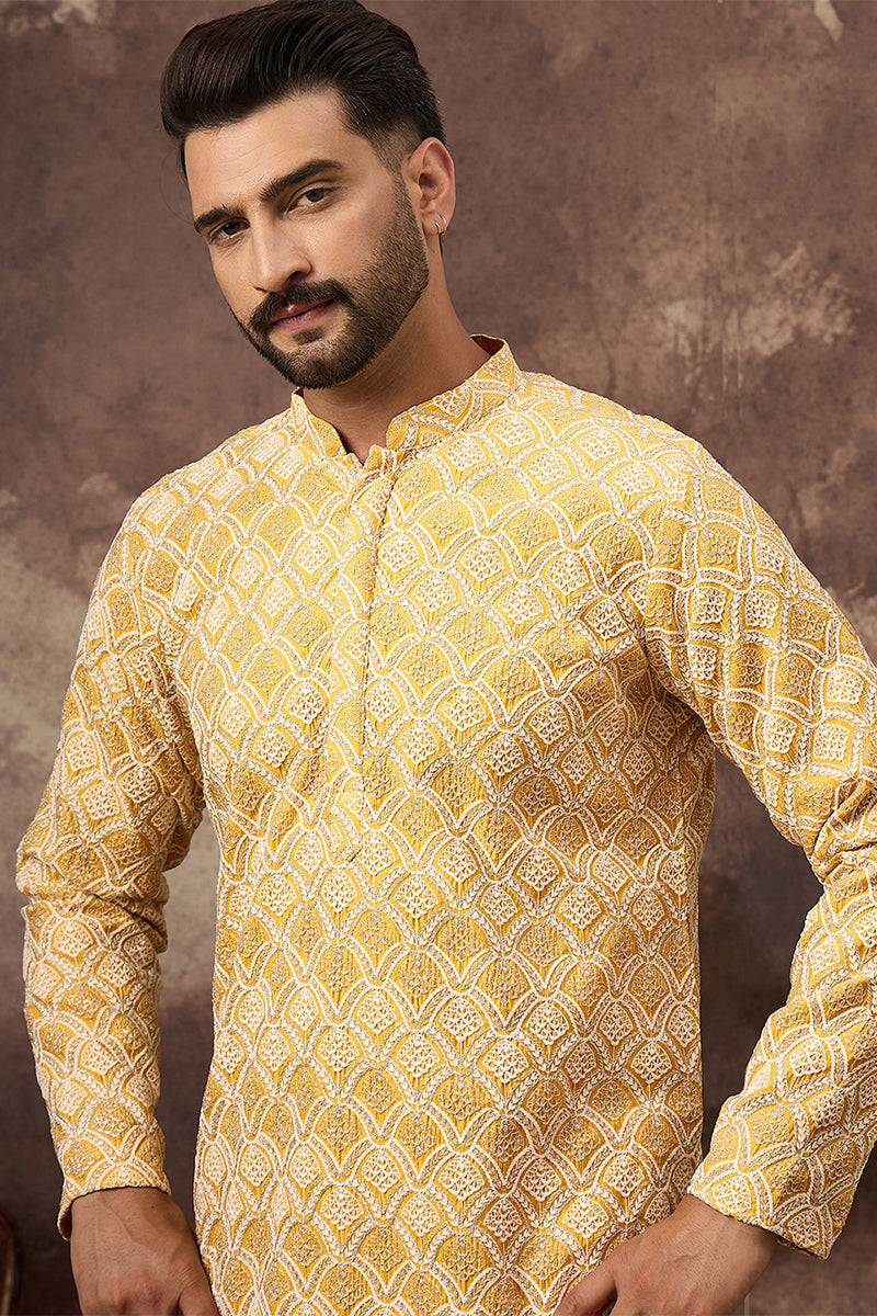 Yellow Viscose Rayon Solid Embroidered Straight Kurta MKU1385