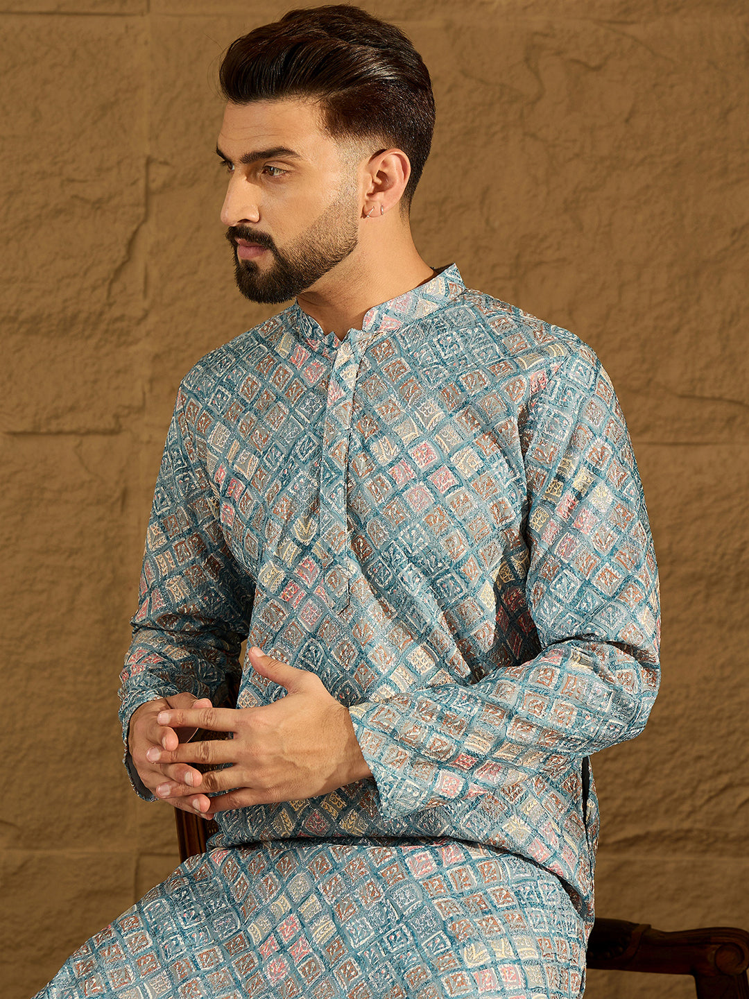 Ethnic Bay Men Blue Viscose Rayon Abstract Embroidered Straight Kurta-MKU1391