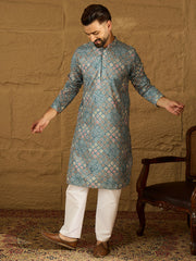 Ethnic Bay Men Blue Viscose Rayon Abstract Embroidered Straight Kurta-MKU1391