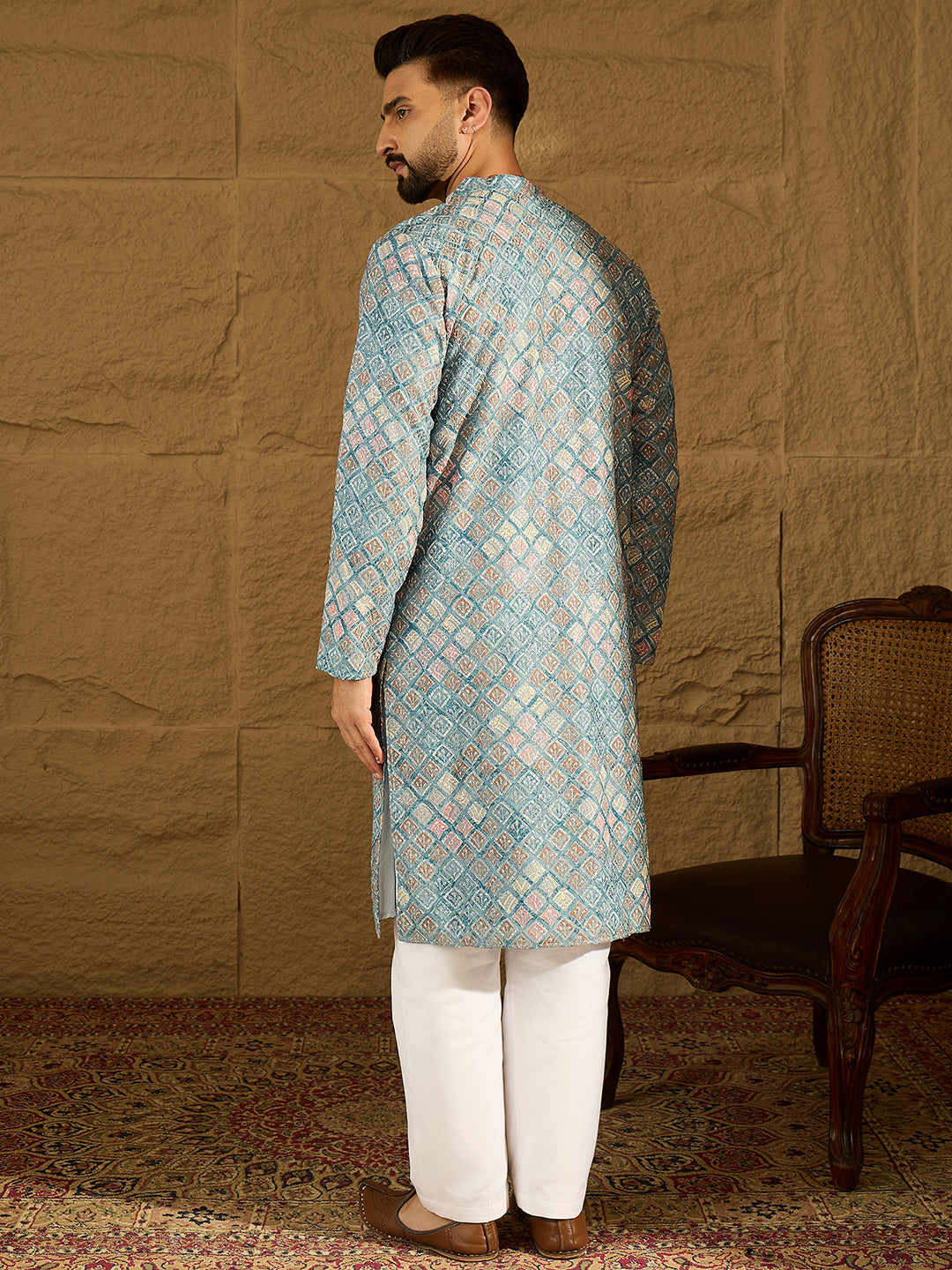 Ethnic Bay Men Blue Viscose Rayon Abstract Embroidered Straight Kurta-MKU1391