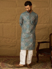 Ethnic Bay Men Blue Viscose Rayon Abstract Embroidered Straight Kurta-MKU1391