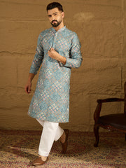 Ethnic Bay Men Blue Viscose Rayon Abstract Embroidered Straight Kurta-MKU1391