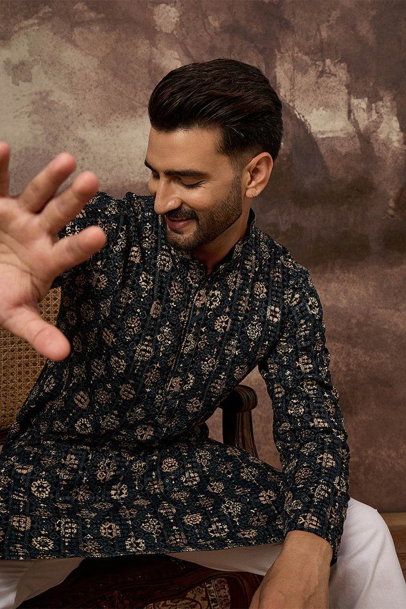 Black Viscose Rayon Embroidered Mandarin Collar Straight Kurta MKU1403