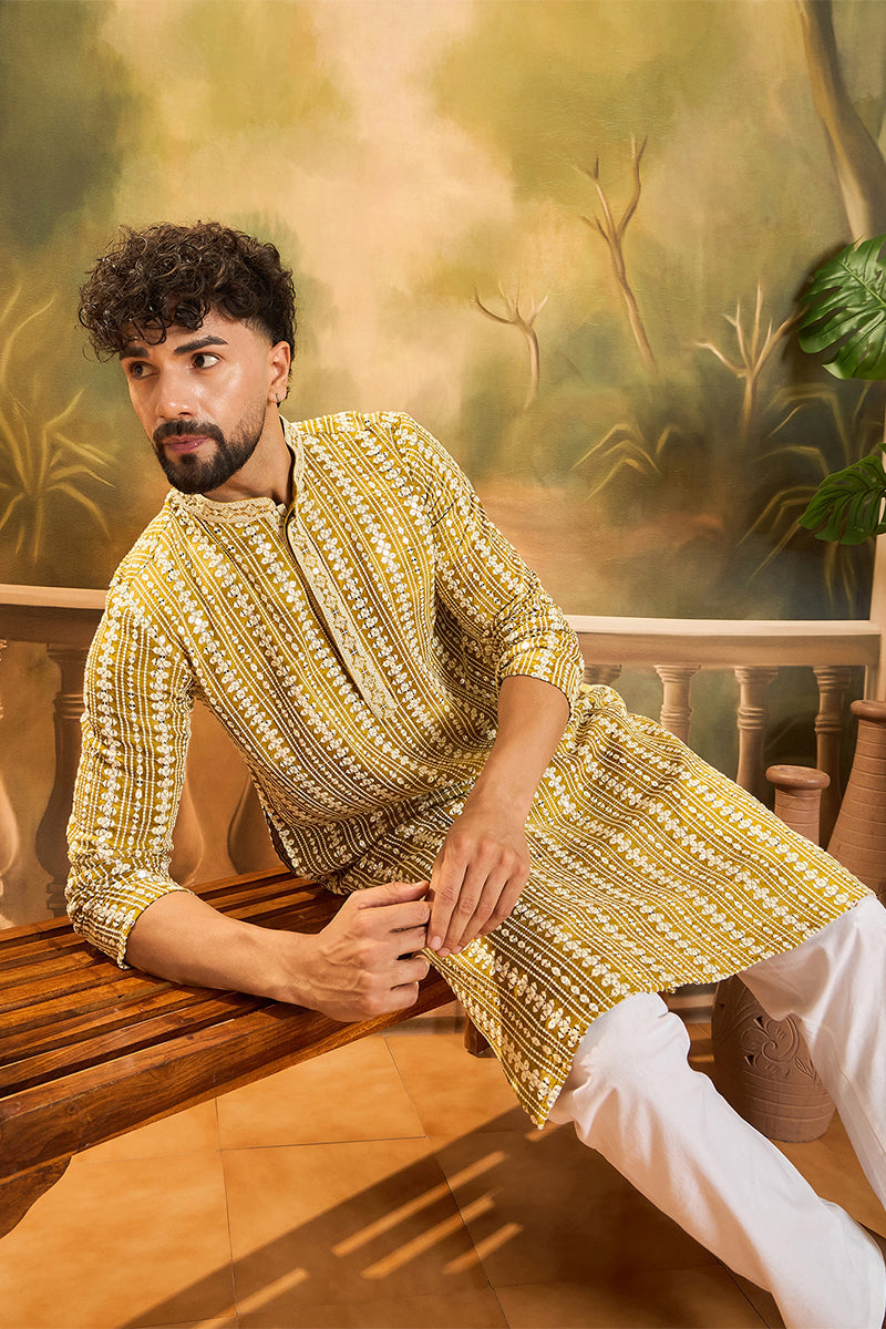 Mustard Viscose Rayon Shibori Embroidered Straight Kurta MKU1410