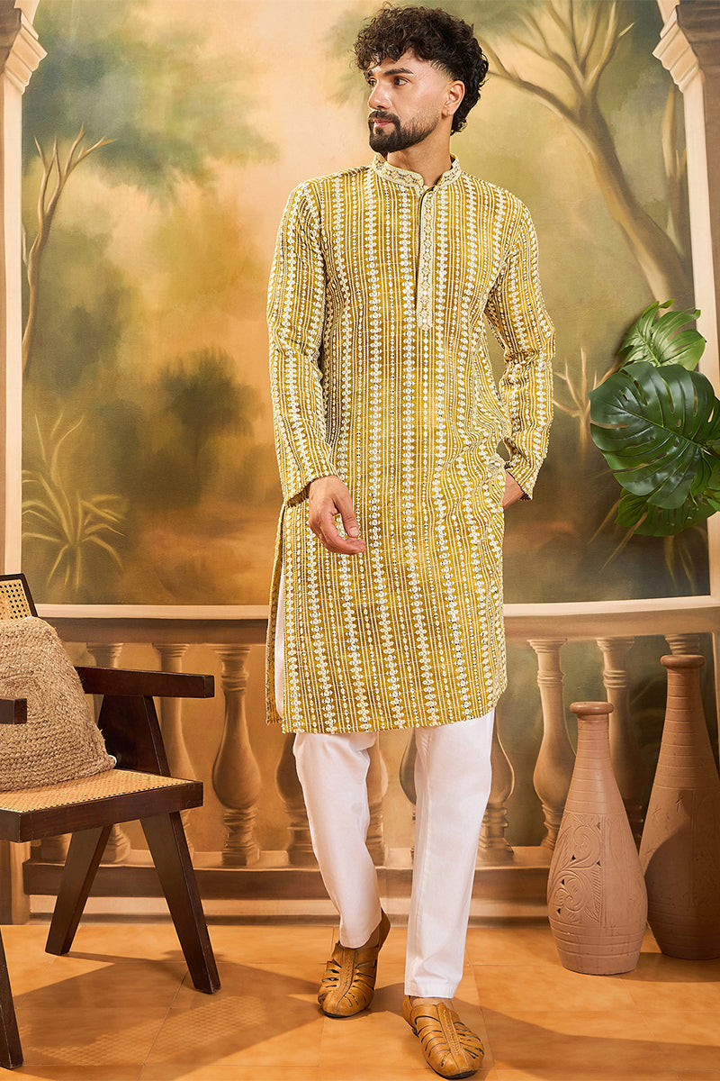 Mustard Viscose Rayon Shibori Embroidered Straight Kurta MKU1410