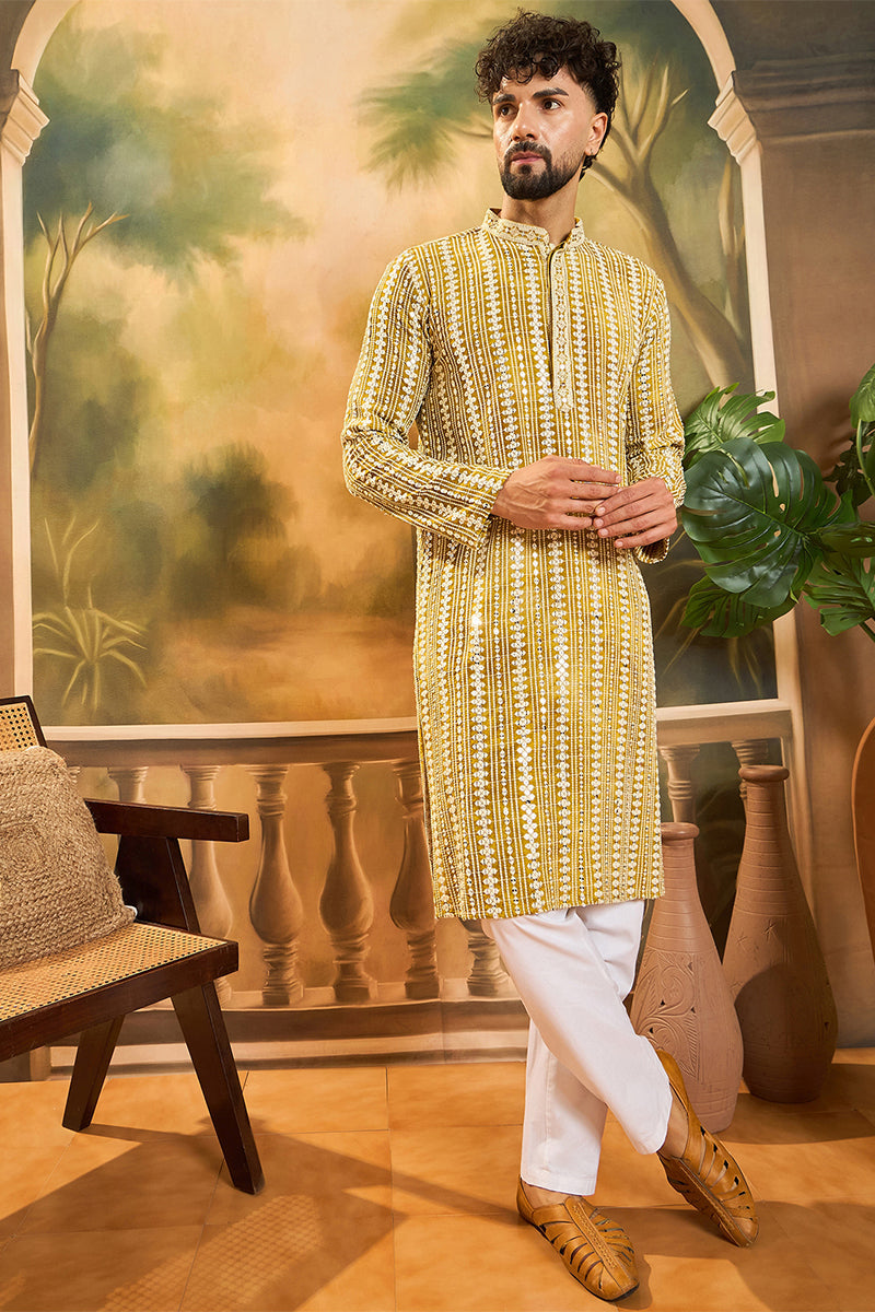 Mustard Viscose Rayon Shibori Embroidered Straight Kurta MKU1410